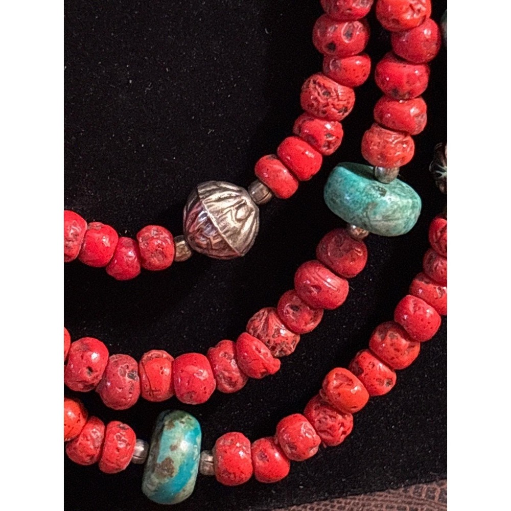 VTG Tibetan Red Coral & Turquoise Beaded Necklace With‎ Silver Accents - Picture 3 of 7